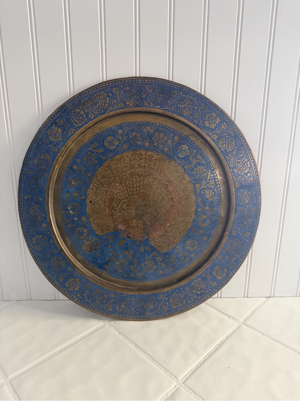 Decorative Brass Wall Plate with Blue Enamel and Peacock Motif